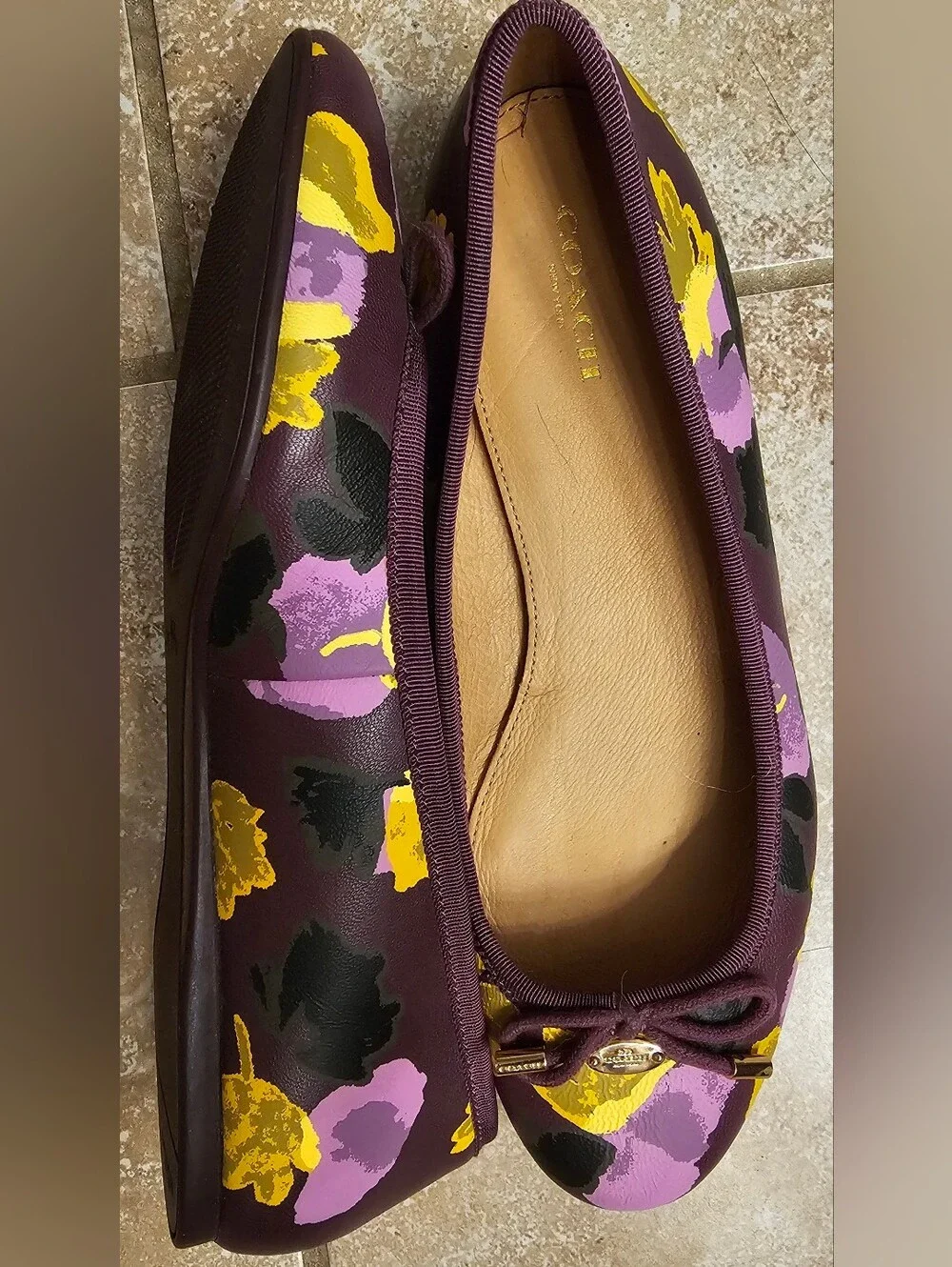 Coach Lara Floral Tumbled Leather Ballet Flats Plum Size 7